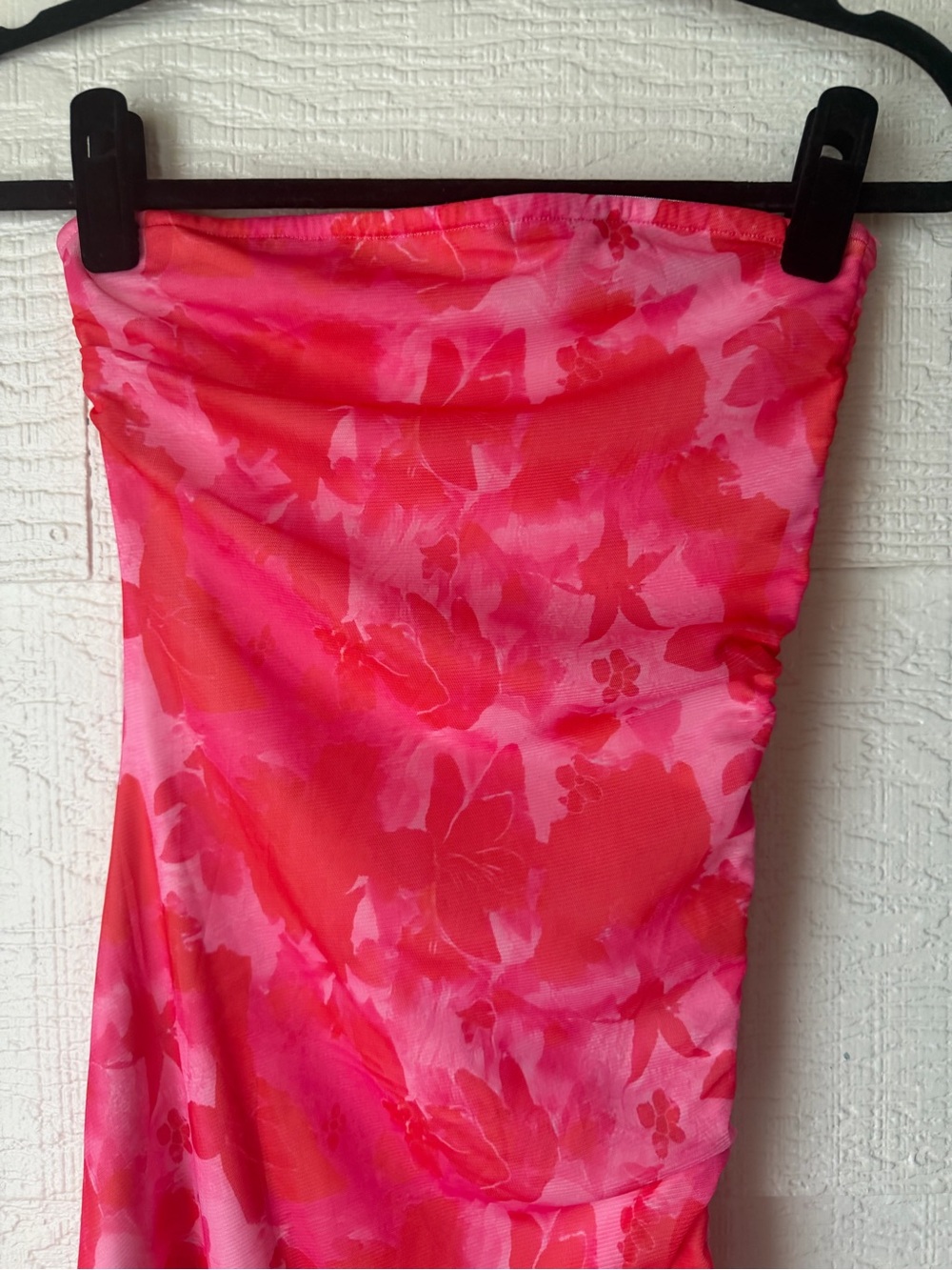 Pink Floral Strapless Mesh Ruched Mini Dress Small Adjustable Side Drawstring - Picture 3 of 9